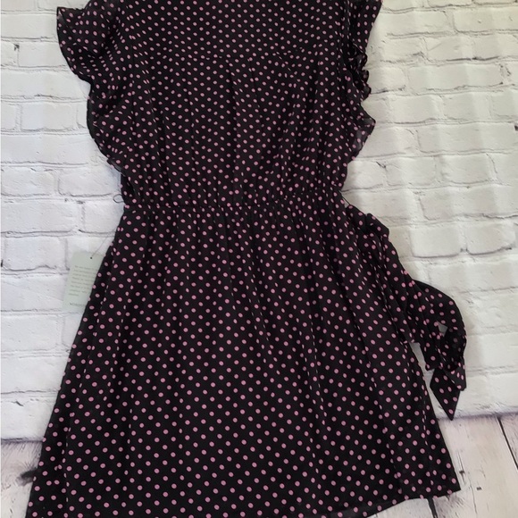 DR2 women pm black pink polka dot flutter short sleeves tie elastic waist dress - Picture 2 of 10